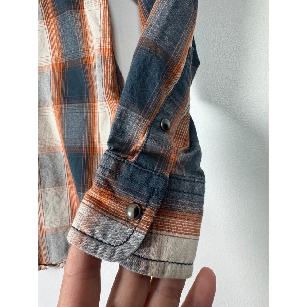 Western Cowboy Hardware Kids Med Shirt Orange Blue Plaid Bull Skull Snap Front - Picture 5 of 10